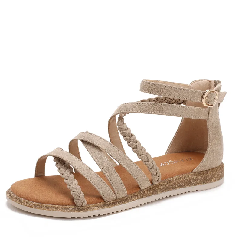 Casual Woven Flat Bottom Ladies Sandals Summer New Soft Bottom Fashion Zipper Roman Beach Shoes Women's Flat Sandals Roman Style