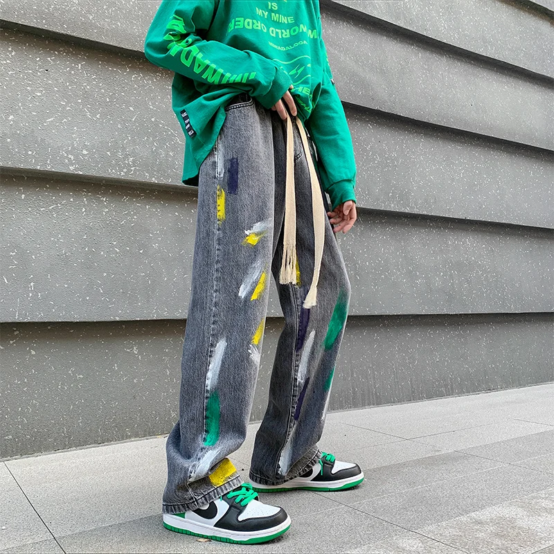 

Graffiti jeans men's spring tide brand large elastic waist pants hip hop ins high street wide leg pants straight tube loose