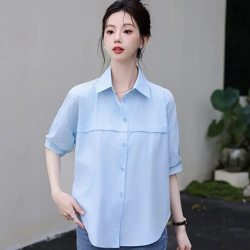 Women's Casual Korean Fashion Loose Buttons Shirt, Solid color, Dignified, Intellectual, Generous, Office Lady, Simplicity, Wi