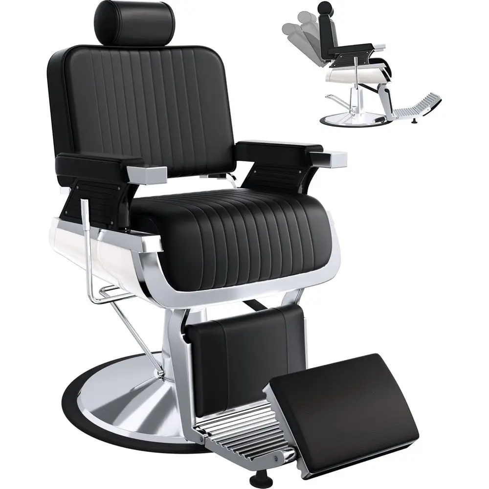 

Luxury Heavy-Duty Barber Chair with PU Leather, Adjustable Rest, 360° Swivel, Black & Silver