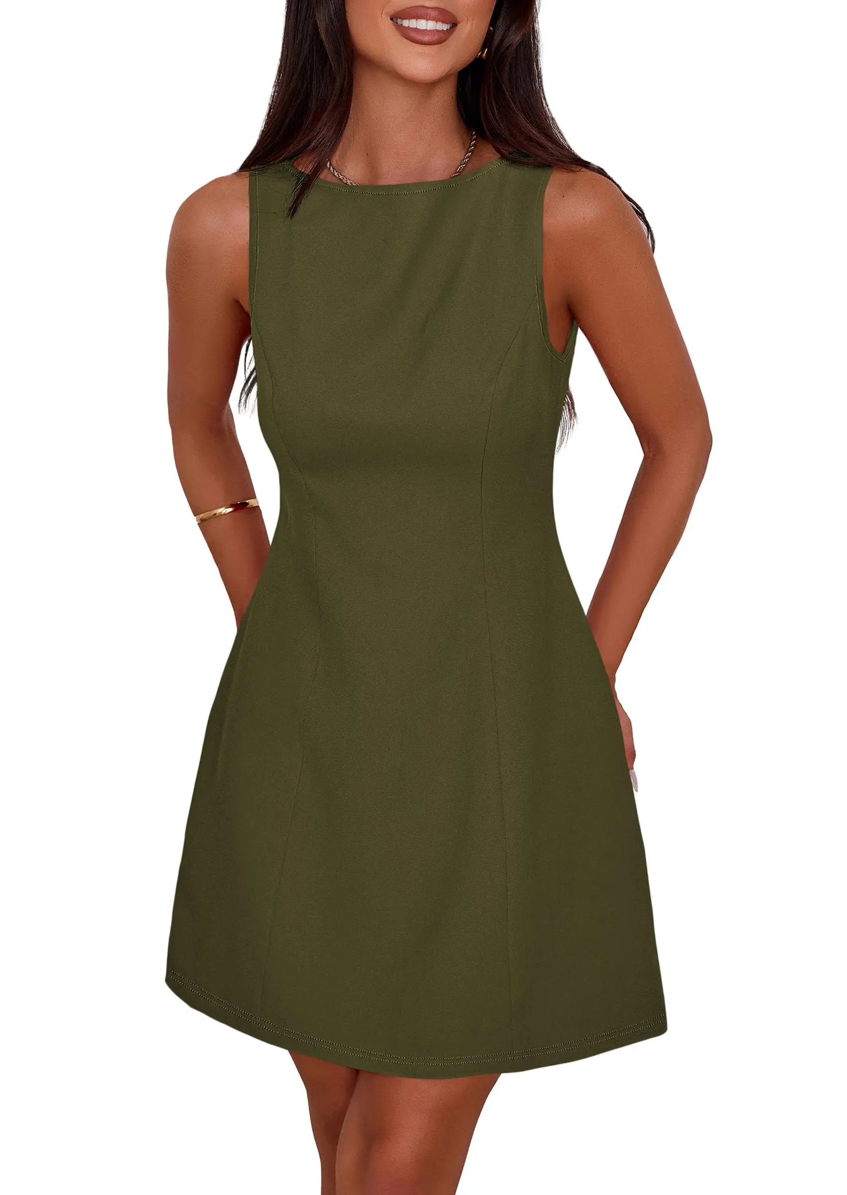 

Elegant Olive Green Sleeveless A-Line Mini Dress With Boat neckline For Summer Formal Cocktail Events