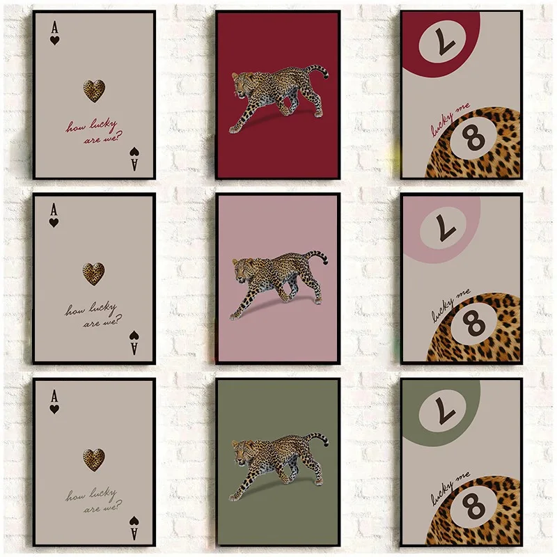 Vintage Trendy Ace Poker Card Lucky Eight Leopard Blush Pink Green Aesthetic Canvas Poster Wall Art Pictures Home Decor