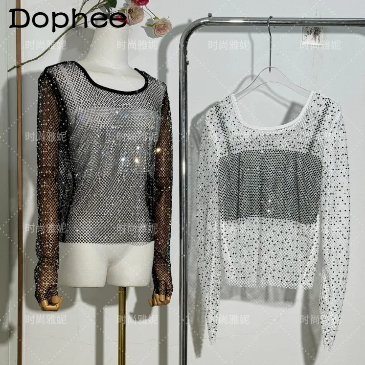 Fashion Party Diamond-encrusted Mesh T Shirt Women 2025 New Breathable Mesh Decorative Women's Long-sleeved Mesh Shirt Top