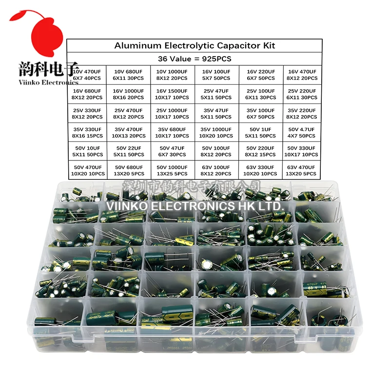 925pcs 36Values High Frequency Low ESR Aluminum Electrolytic Capacitor Kit 1uF 4.7uF 10uF 22uF 47uF 100uF 220uF 330uF 470uF