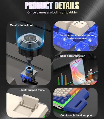 Imagen 2 del producto Teclado para juegos en español con diseño ruso, kit de teclado y mouse en español, árabe y coreano, 104 teclas, diseño 100 %, luz RGB con cable USB, perilla de volumen para gamers con soporte para teléfono, diseño ergo