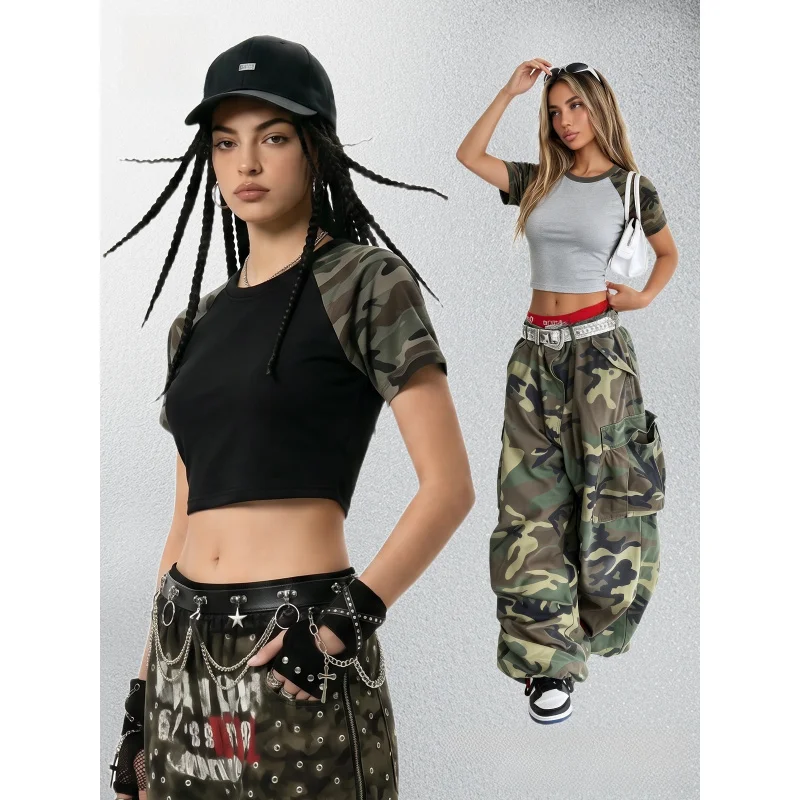 Summer Crop Top Women Camo Raglan Short Sleeve Tee Contrast Color Slim Fitted Y2K Streetwear Club Daily Dating Outfit