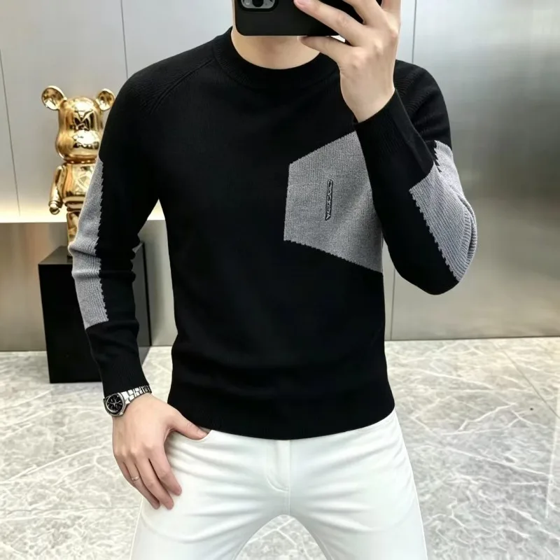 Autumn Winter Splicing Long Sleeved Knitted Sweater for Men Slim Fit Round Neck Casual Pullover Versatile Business Knitwear Top