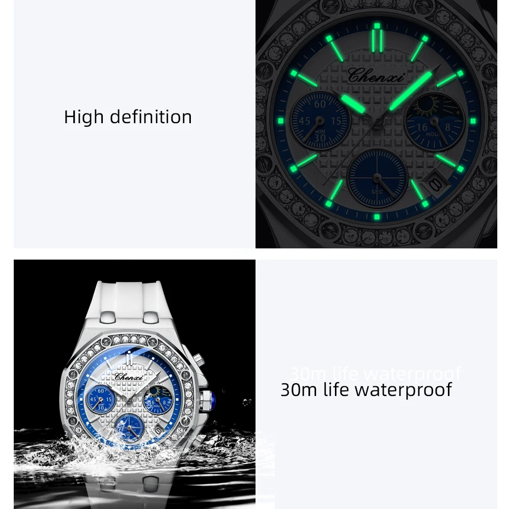 CHENXI New Fashion Women Watch Rhinestone Case Chronograph Luxury Ladies Wristwatch Waterproof Quartz Luminous Watches