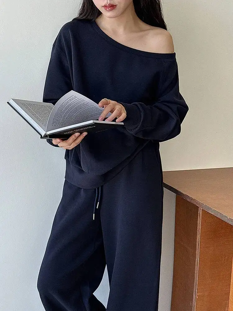 

Big Size T-shirt Wide Leg Pants Two Piece Suit New Skew Collar Long Sleeve Women Fashion Tide Spring Autumn