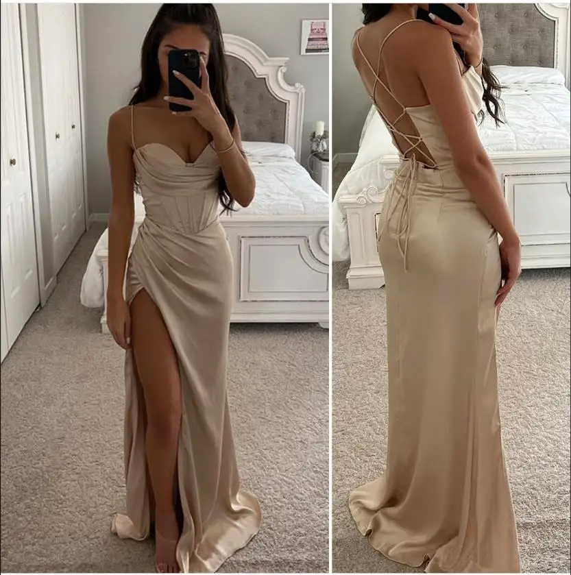 

Sexy Prom Dresses Backless Sleeveless Evening Dress Criss Cross Back with Slit and Sweep Train Abendkleider Robes De Soirée