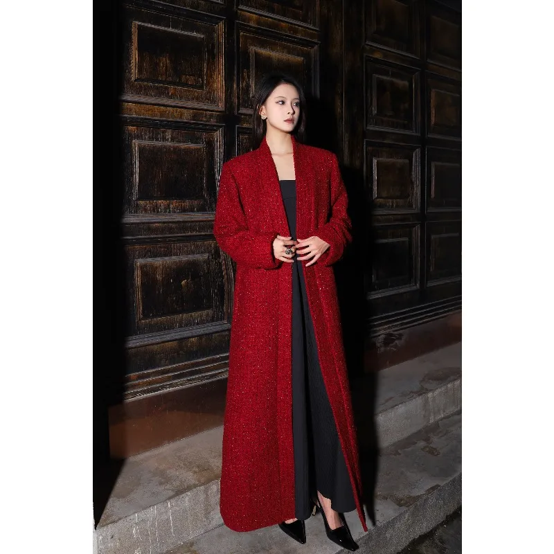 

High Quality Women's Red Small Fragrant Cardigan Long Coat Fashionable and Trendy Design New Chinese Style Unique Long Coat