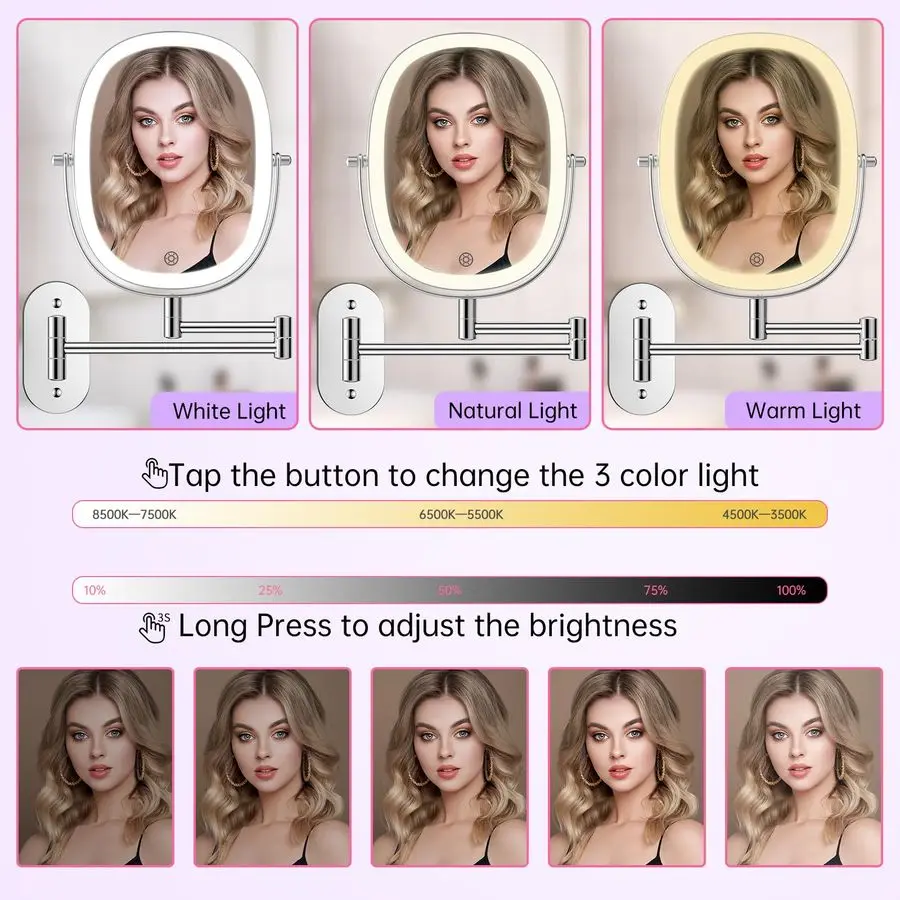 Specchio per trucco da parete, specchio ingranditore da parete ovale rettangolare con interruttore tattile bifacciale ricaricabile 7X 1X con luce