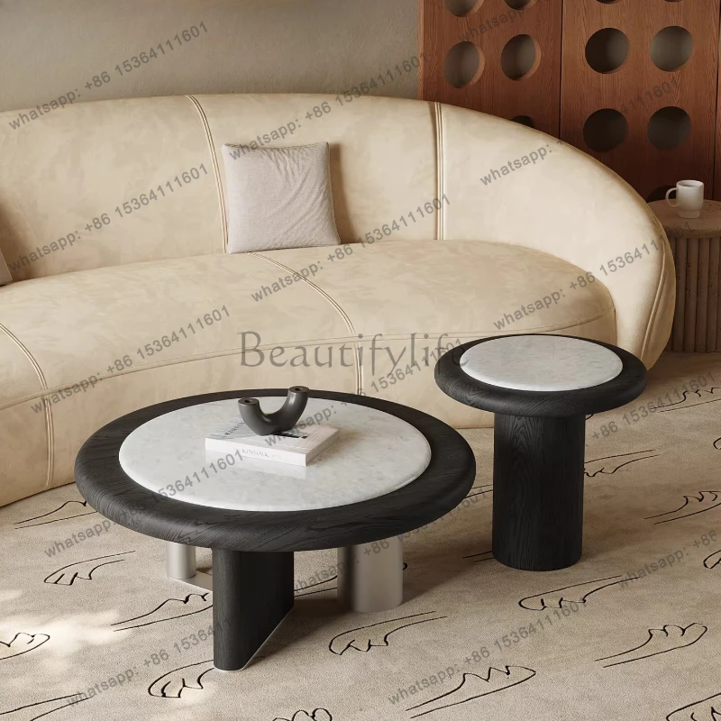 

Wabi Sabi wind round marble coffee table living room home light luxury high-end coffee table combination