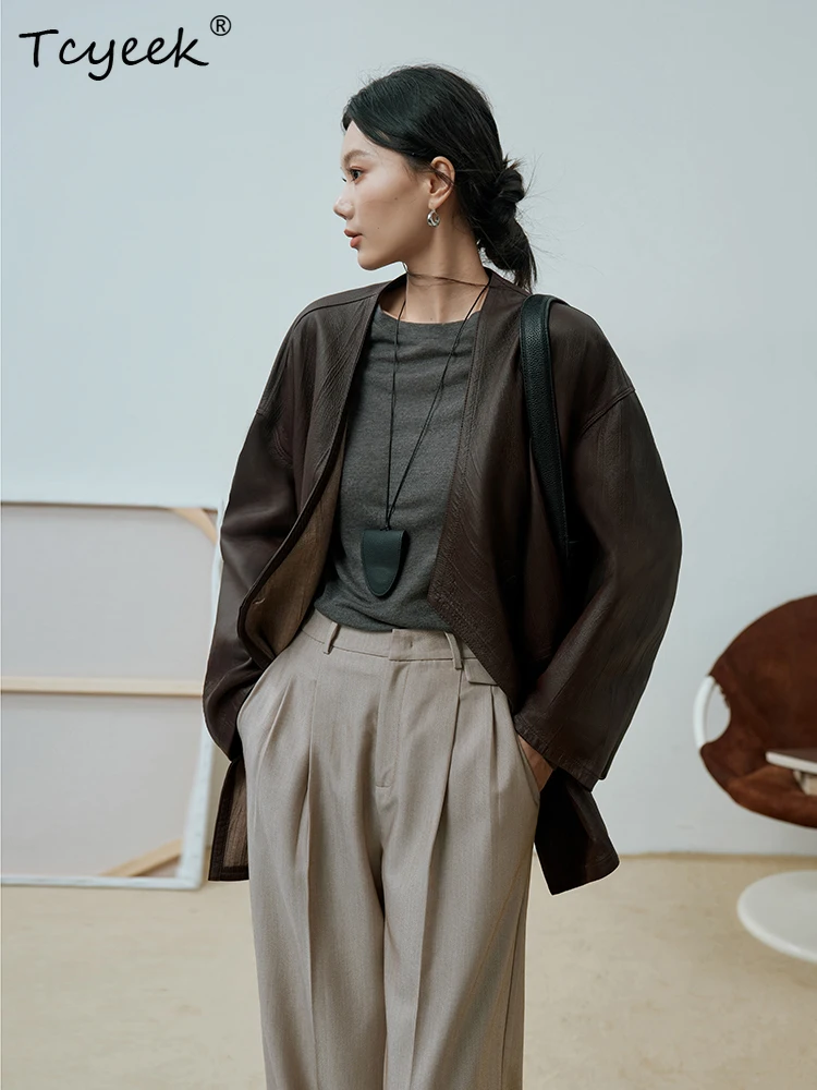 Tcyeek Prawdziwa Skóra Owcza Wiosna Jesień Elegancka Vintage Dekolt w Serek Brązowa Kawowa Damska Kurtka z Naturalnej Skóry Женская Кожаная Куртка