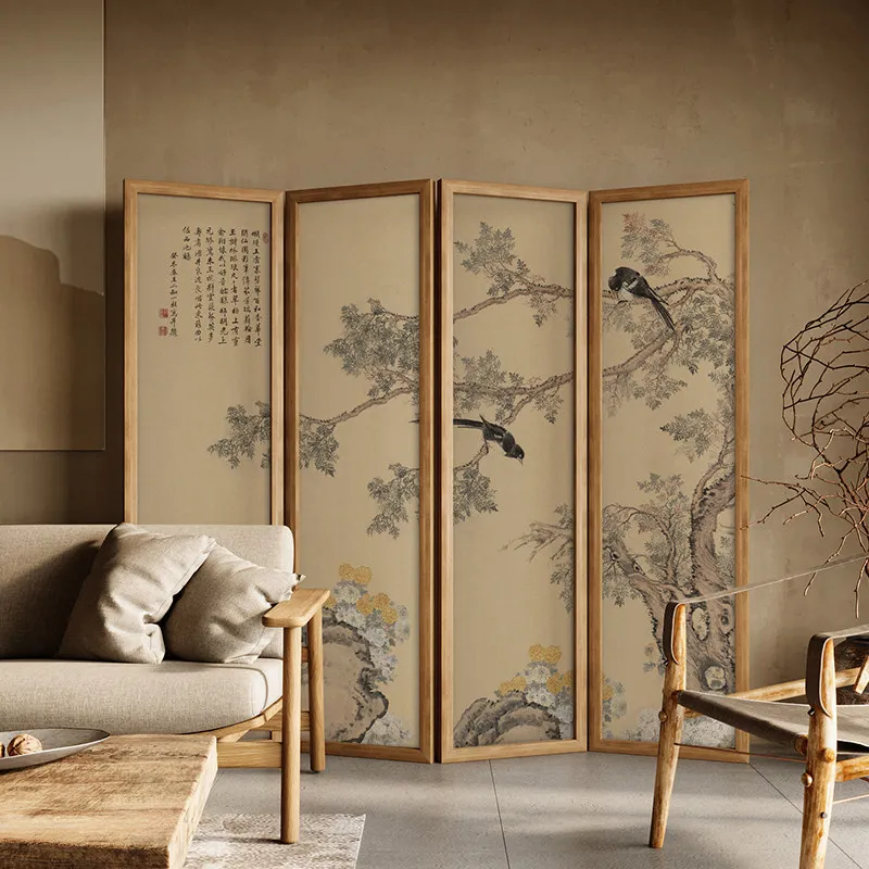 Solid wood screen partition living room entrance door blocking folding mobile new Chinese medieval folding sofa background