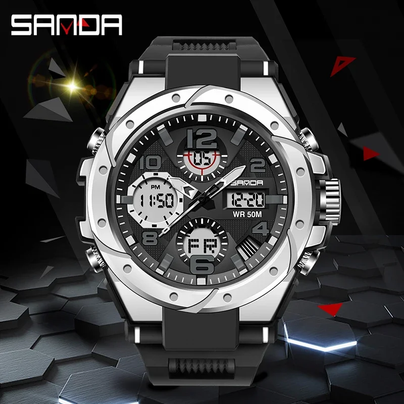 

SANDA 6008 Men Sports Watches Dual Display Analog Digital LED Electronic Quartz Wristwatches Waterproof Swimming Military Watch