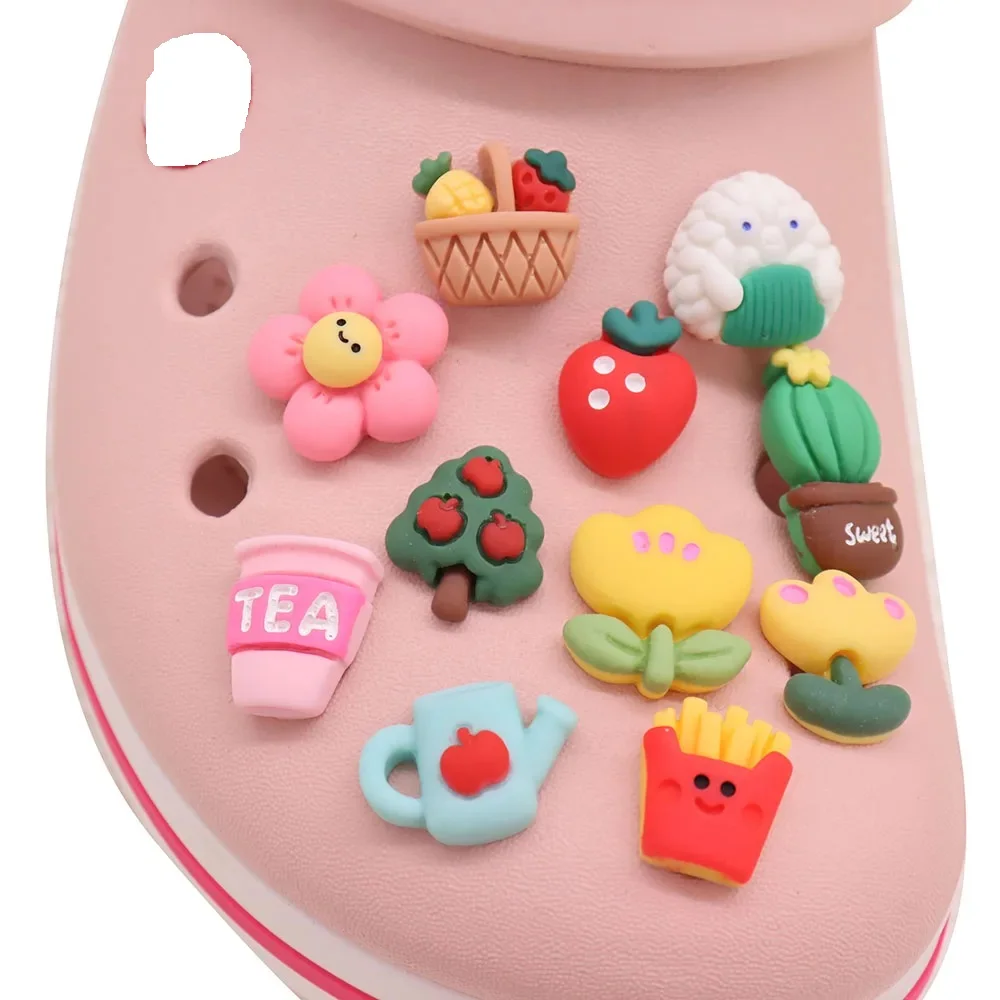 1-11PCS Resin Shoe Charms Kawaii Flower Apple Tree Fruit Fries Cactus Tea Buckle Clog Fit Wristbands Sandals Shoes Decoration