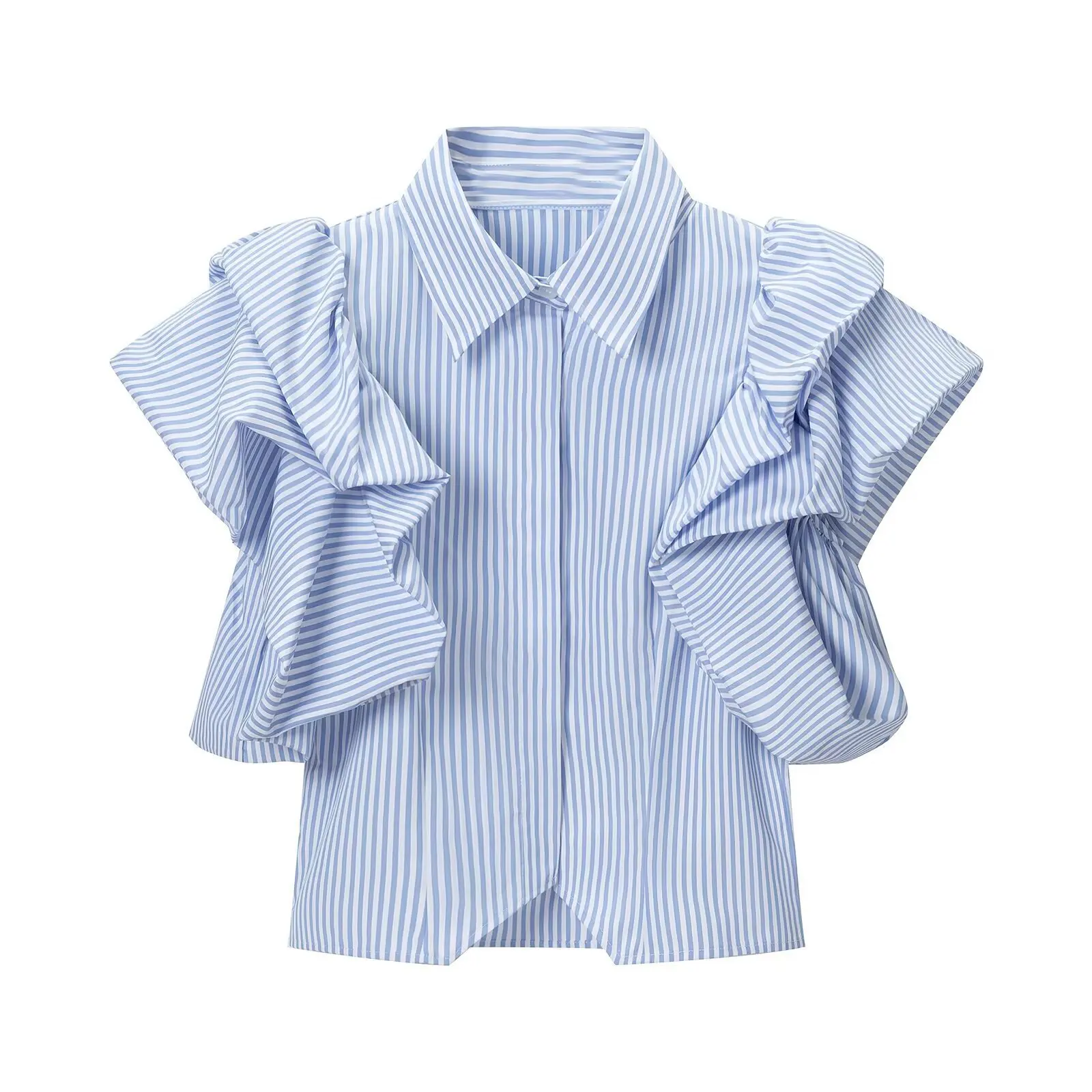 Spring 2026 Women's Fashion Casual Striped Shirt Slim Fit French Bubble Sleeve Collar Versatile TPS Summer