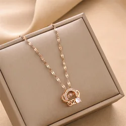 New Women's Crown Beating Heart 520 Pendant Necklace Stainless Steel Rose Gold Neck Chain Female Valentine's Day Gift Jewelry