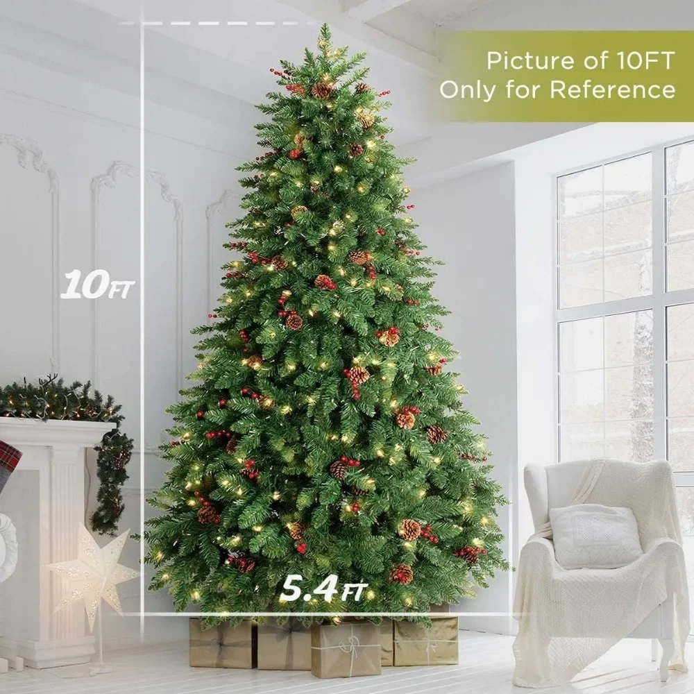 10FT Christmas Tree Prelit, Artificial Christmas Tree Decorated with Berries and Pine Cones, Tall Xmas Tree with Metal Base