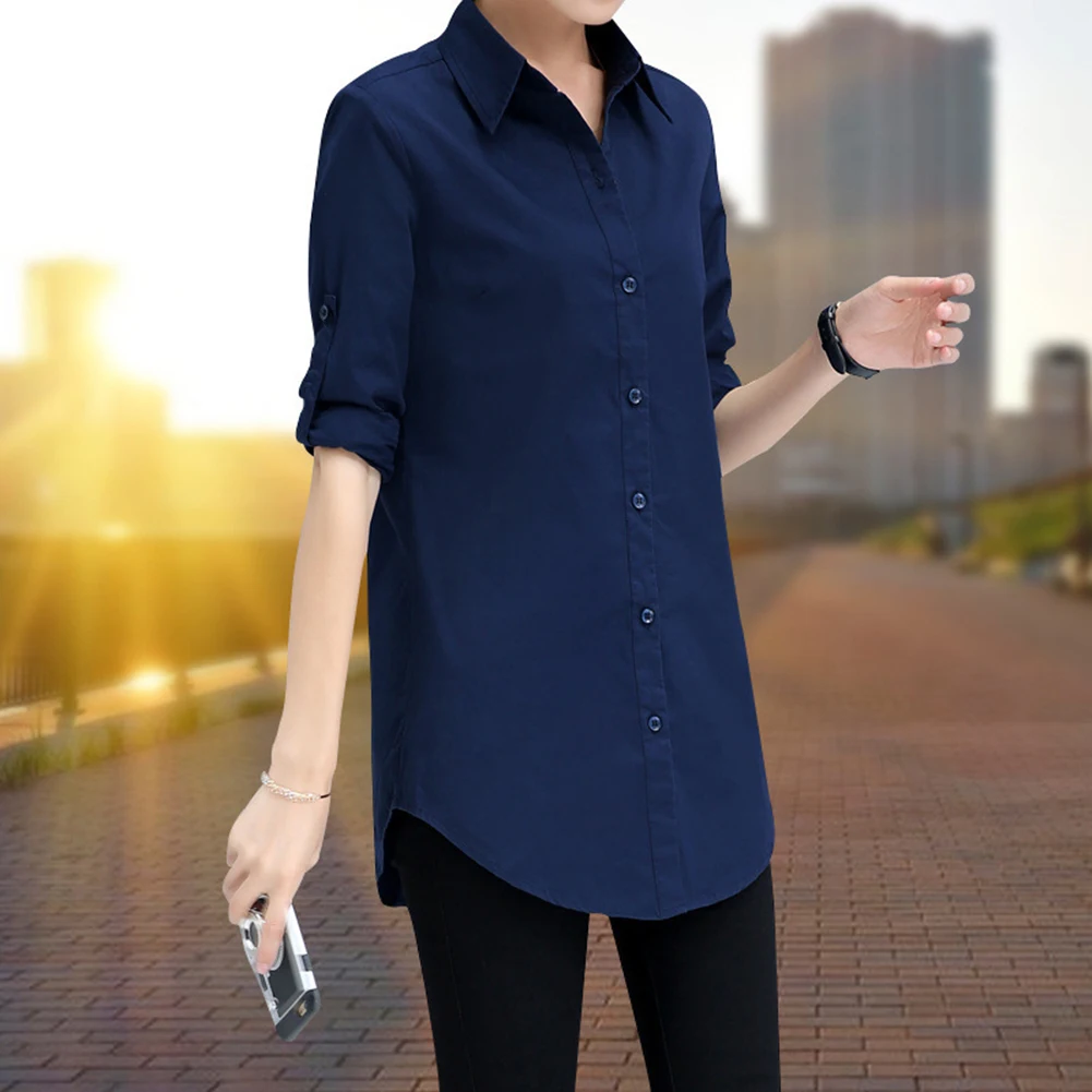 Women Ladies New Style Autumn Winter Shirt Loose Versatile Casual Middle Length Shirt Top Lapel Solid Color