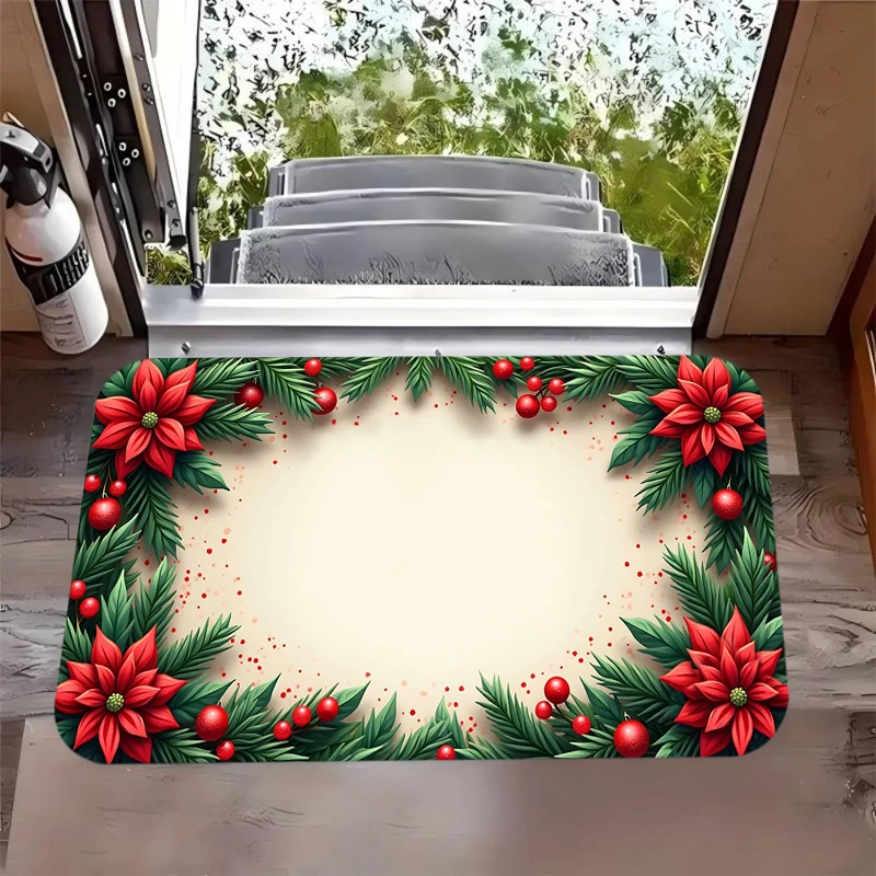 Red Glitter Merry Christmas Pine Branch Silver Ribbon Ball Door Mat Non-Slip Welcome Mat Entryway Hallway Festive Party
