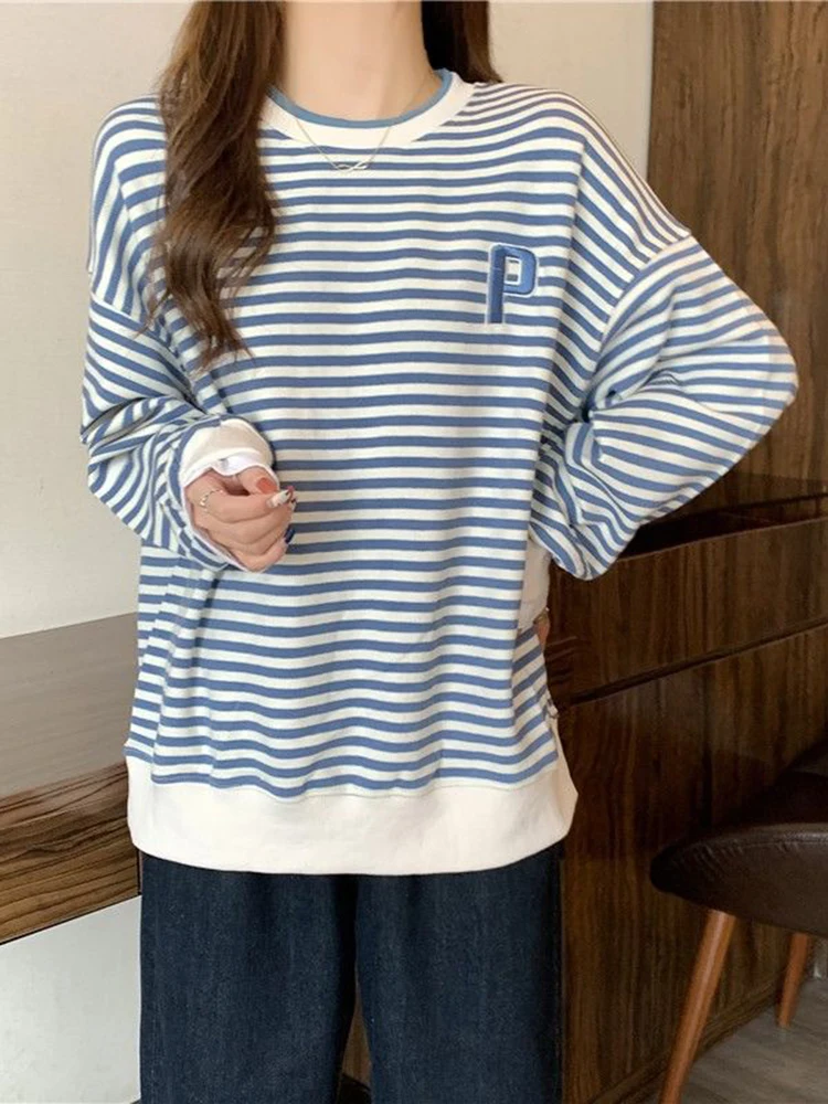 Zoki Casual Korean Loose Striped Sweatshirt Women Fashion Letter Embroidery Long Sleeve O Neck T Shirt Sweet Preppy Style Tops