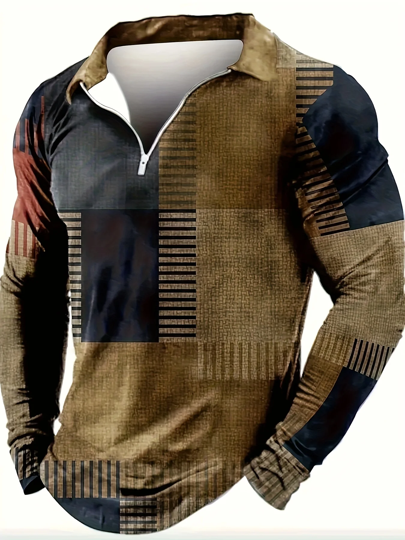 Men's Collar Long Sleeved Polo Shirt Casual Sports Top Zipper Placket Thin Printed T-Shirt