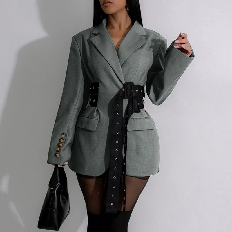 

Doyerl Winter Trendy Elegant Blazer Women Y2K Clothes Notched Collar Ladies Outerwears Stylish Coats with Belt Blazers Feminino