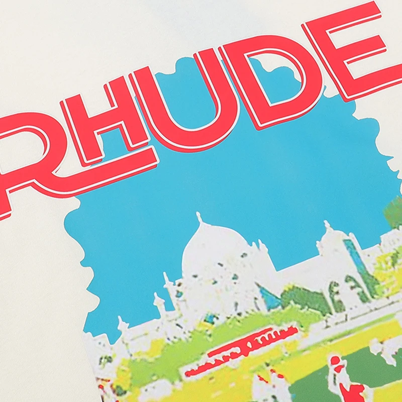 Summer RHUDE Short Sleeved Retro Landscape Printed T-shirt, High-quality Loose Casual Men's RHUDE Top Tee