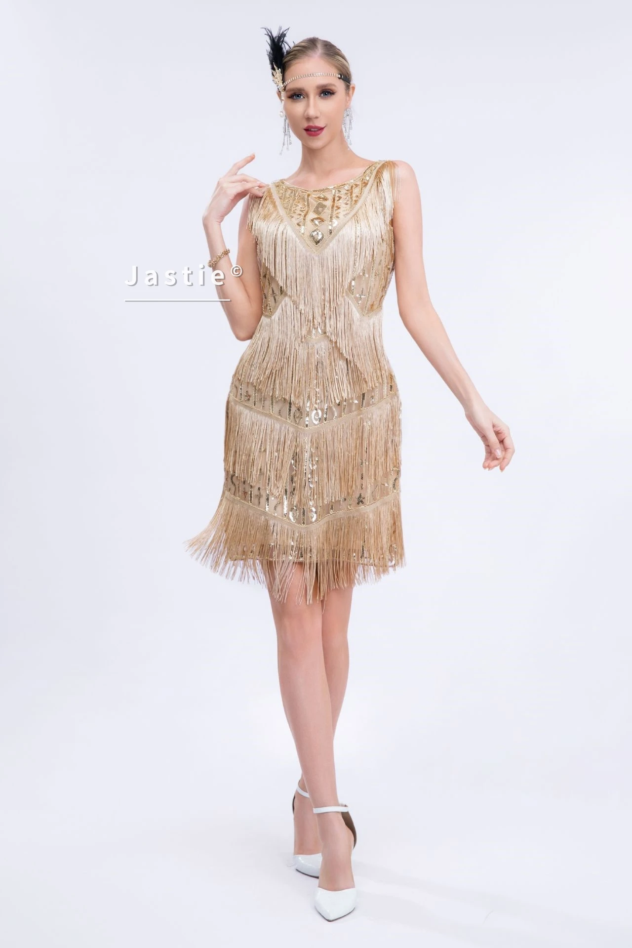 Roaring 20s ouro flapper vestido sem mangas lantejoulas arte deco vestido em camadas franja hem vintage 1920s retro festa feminino vestido de cocktail