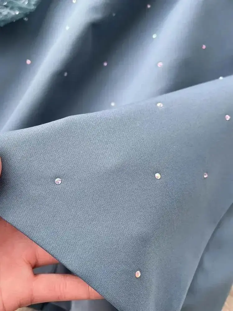 Autumn Luxury Bow Collar Flower Embroidery Lace Spliced Dresses Women Vintage Blue Long Sleeve Diamonds Ruffles Mini Vestidos