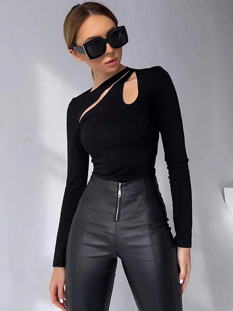 Black Top Women Long Sleeve Tees Sexy Hollow Out T-Shirts Spring Autumn Clothes Casual Basic Bottoming Shirt Streetwear Crop Top