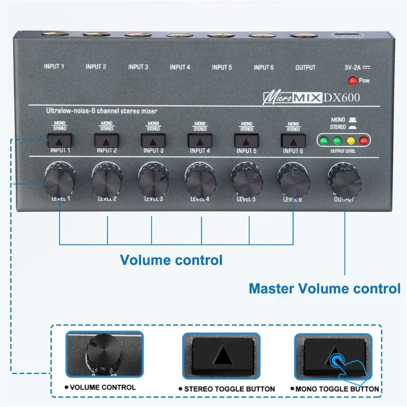 Mezclador de línea de 4/600/800 canales, Mini mezclador de sonido, fuente de alimentación, DC5V, de fácil operación, ruido ultrabajo, actualizado, DX400/6/8