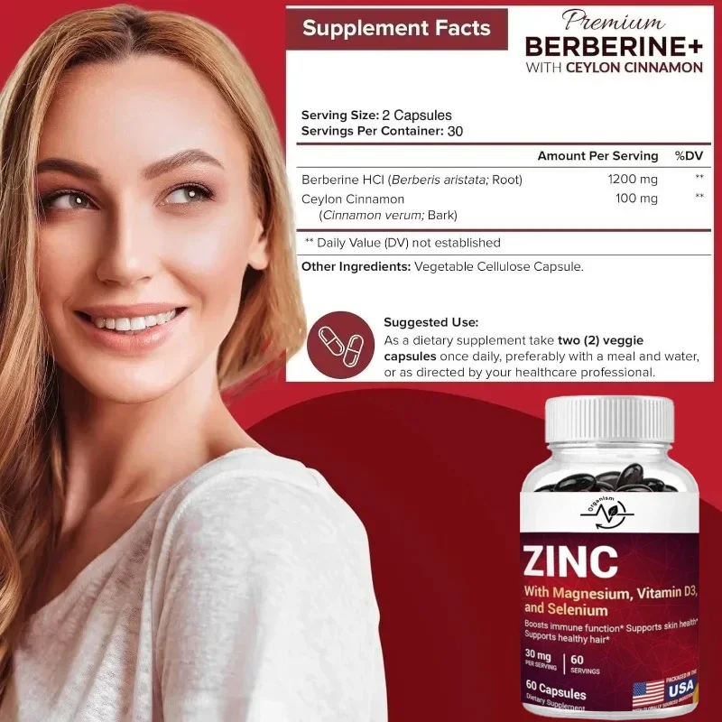 

Advanced Berberine Hydrochloride 1200mg Capsules with Pure Ceylon Cinnamon for Immune System Support 60 Capsules