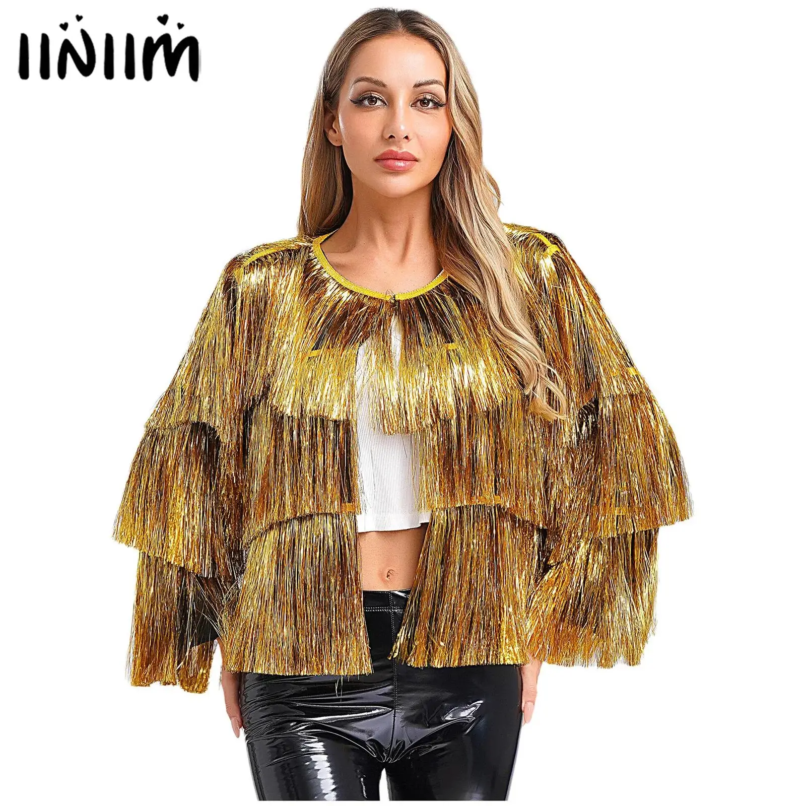 

Womens Open Front Shiny Tiered Tassels Bomber Jacket Sparkly Party Long Sleeves Bomber Blazers Halloween Costume Bar Club Wear