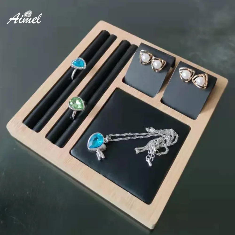 Wood Ring Earrings Jewelry Display Tray Bangle Organizer Cufflink Stud Storage Holder Showcase Necklace Pendant Organizer Tray