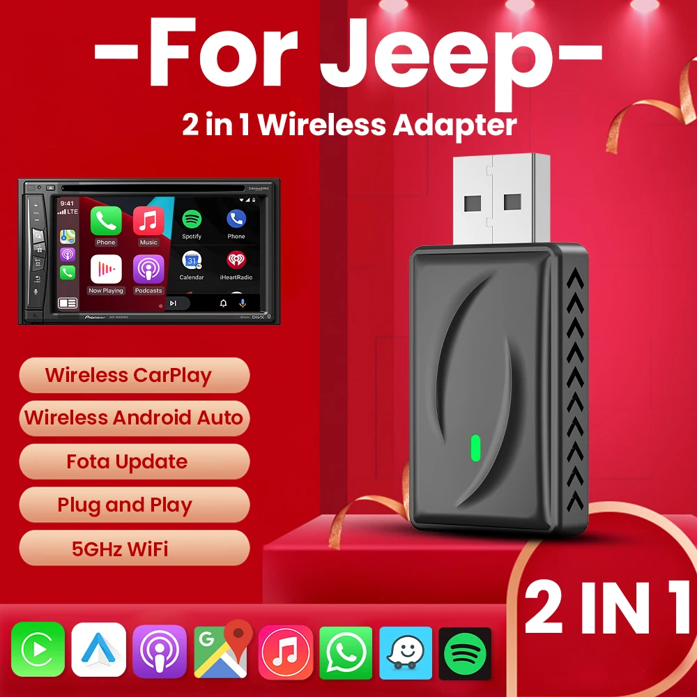 2025 Wireless Android Auto Carplay Adapter Bluetooth Wifi 5G plug and play For Jeep Compass Renegade Wrangler Cherokee Gladiator