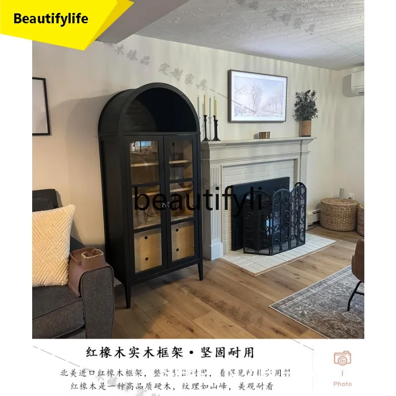 

6239 American-style Light Luxury Solid Wood Bookcase Living Room Black Arched Glass Cabinet Door Vintage Decorative Cabinet