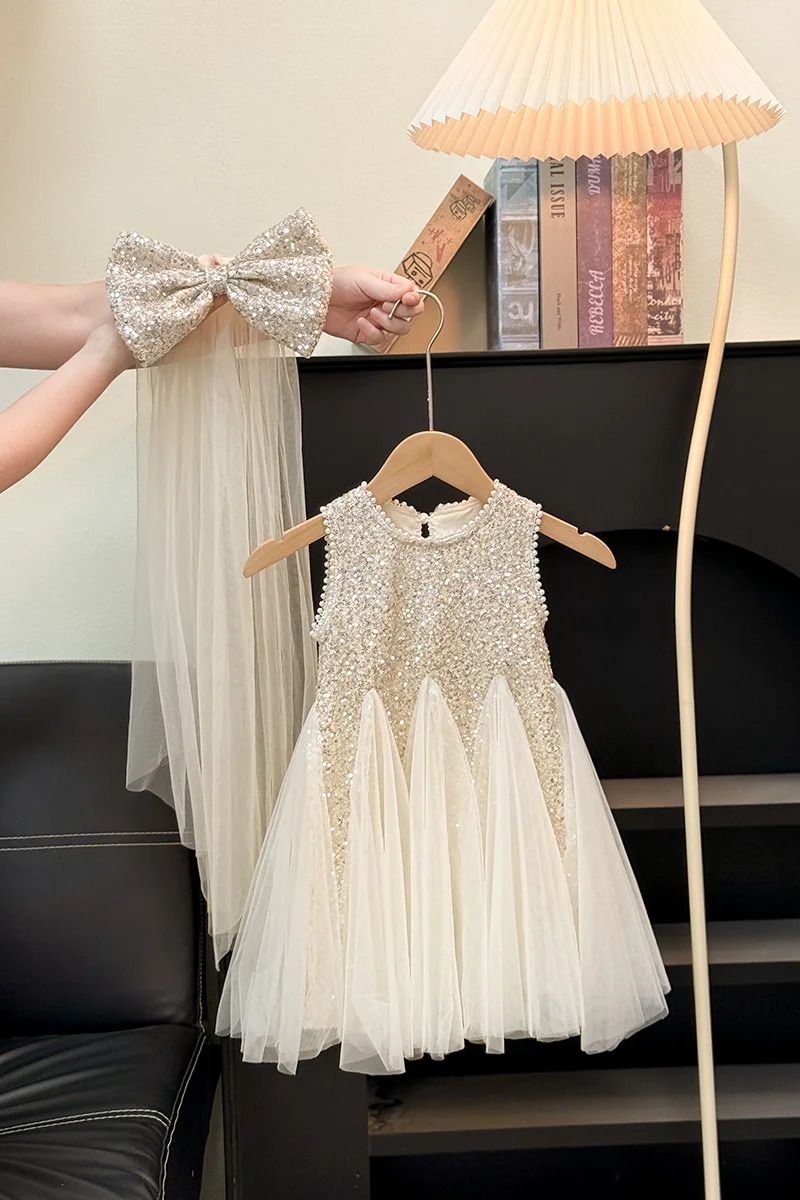 فساتين أنيقة للفتيات مطرزة جديدة للأطفال بدون أكمام فستان الأميرة الشبكي للأطفال للحفلات على الطراز الغربي سترة ثوب الكرة 2-8 سنوات #5