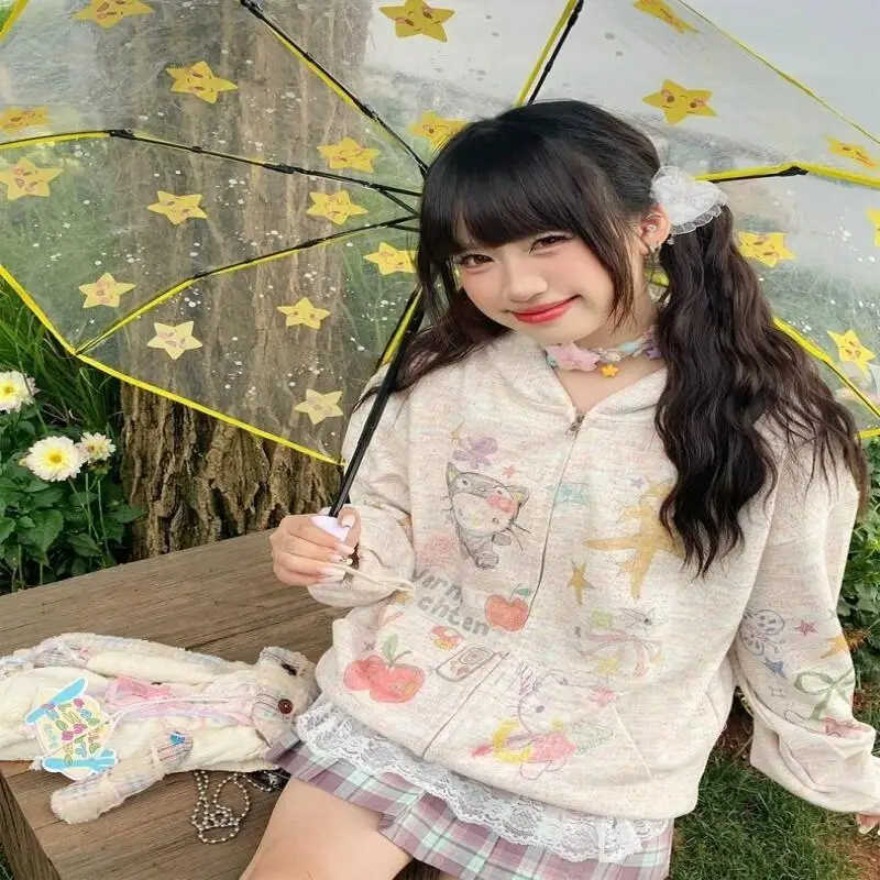 

Sanrio Hello Kitty толстовка женский осенний кардиган куртка Kawaii аниме модные повседневные спортивные костюмы комплект женский ансамбль Femme Traffic