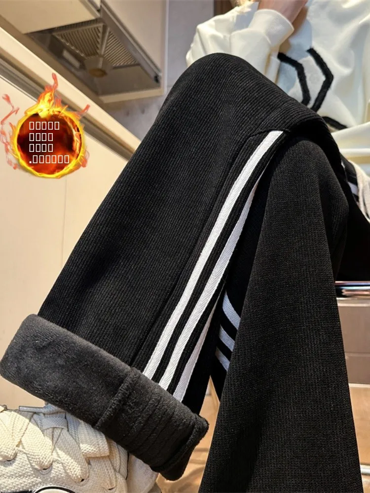 

Men's Corduroy Pants Winter Thiened Fce Casual Straight Leg Sweatpants American Retro Tee Stripe Leisure Trousers