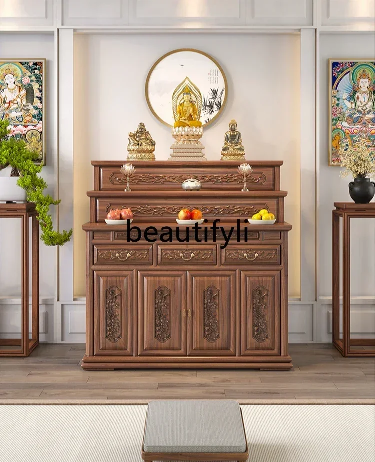 

XX39Black walnut wood carving Tibetan three-layer table incense table new Chinese solid wood Buddhist hall entrance tribute tabl