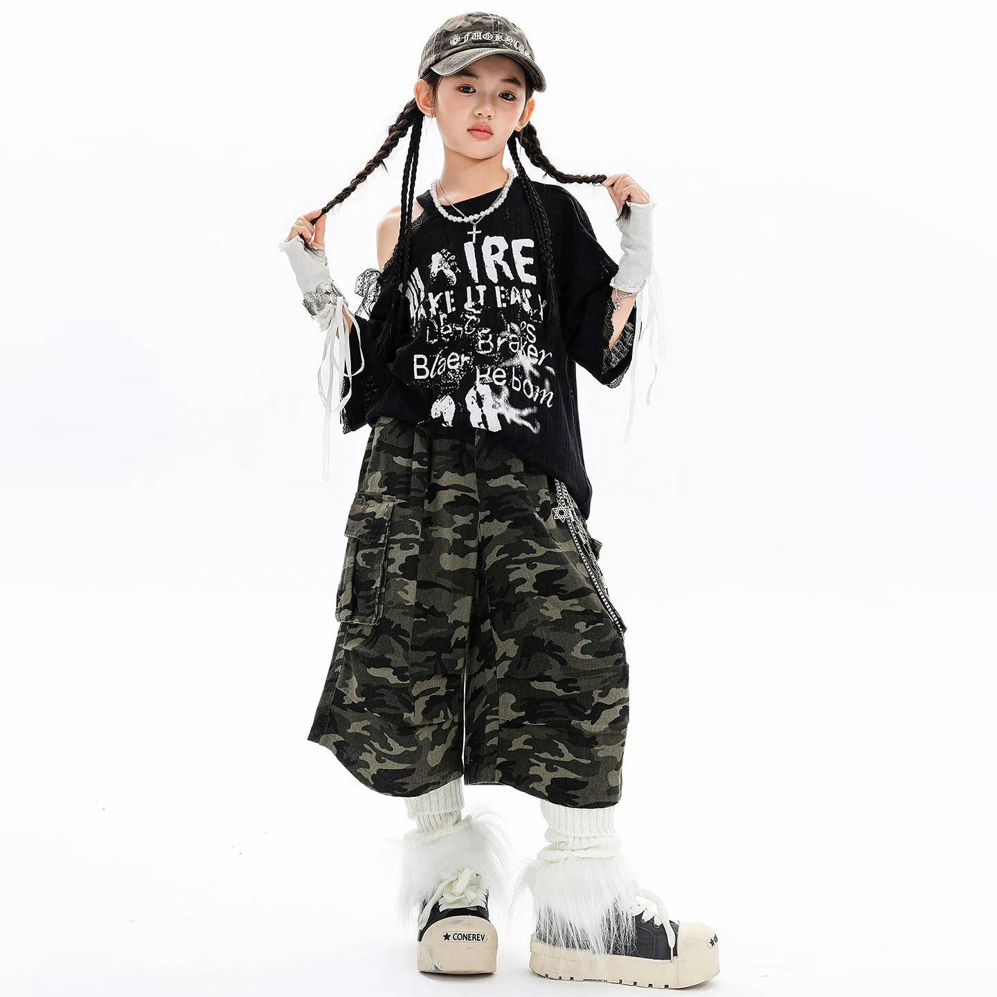 

Kid Kpop Hip Hop Clothing Black Off Shoulder T Shirt Camo Casual Cargo Shorts Middle Pants for Girl Dance Wear Costumes Clothes