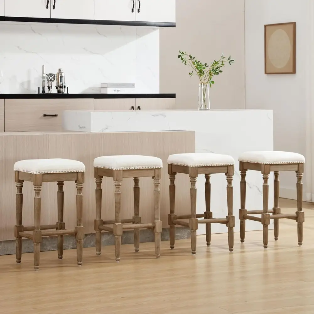 

Set of 4 Wooden Back Bar Stools with Nail Trim, 26 Beige Fabric Seats, Brown Legs for Kitchen Island, Patio, or Balcony