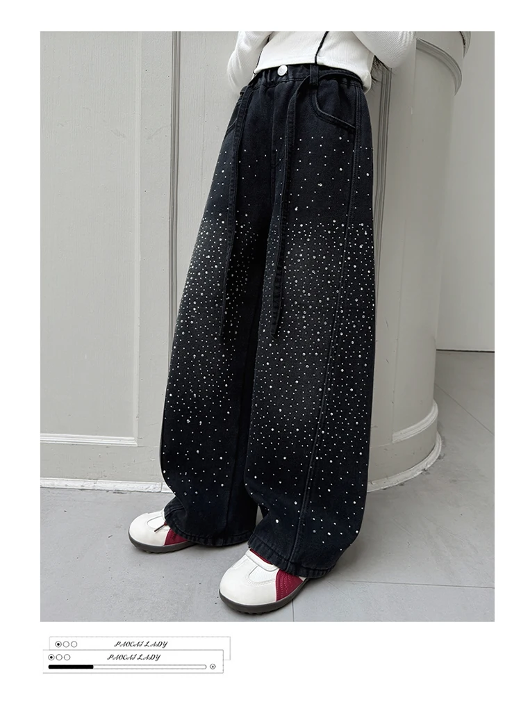 Kinder Mädchen Herbst Schwarze Jeans mit Kristallen, Teenager Kinder Strass Lose Weite Denim-Hosen, Modische Gebogene Messerhosen – Detail 7