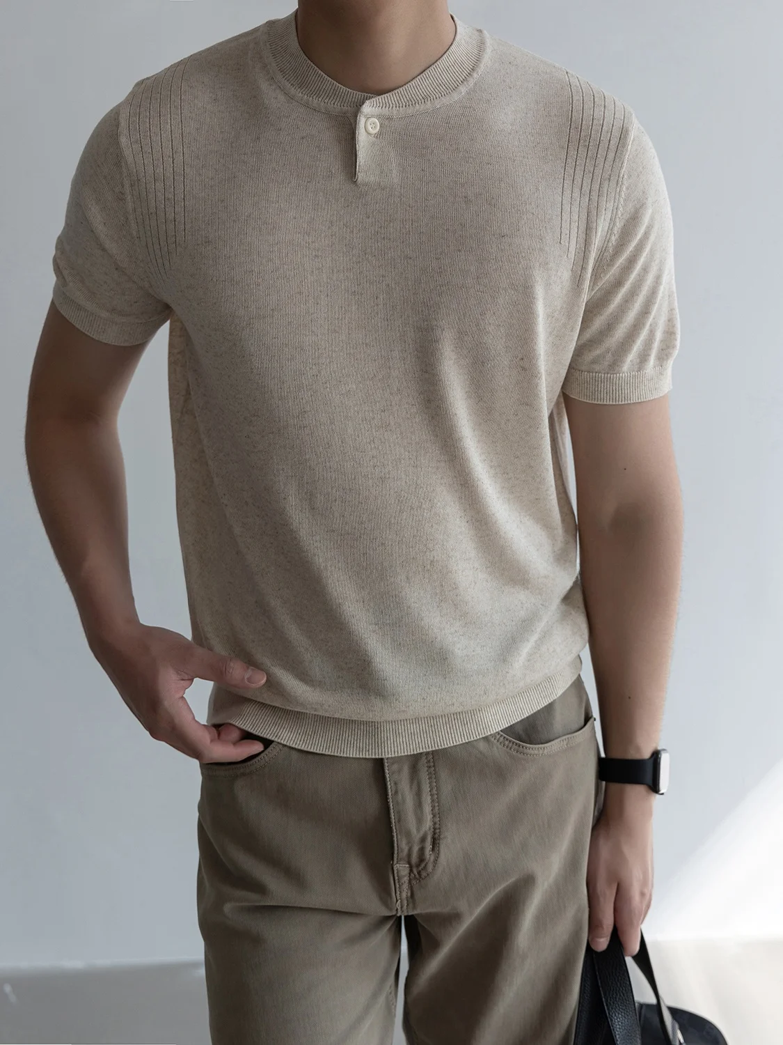 High Elasticity Linen Blend Knitted Short Sleeve Casual Shirt for Men Breathable Comfortable Skin-Friendly Half Open Collar