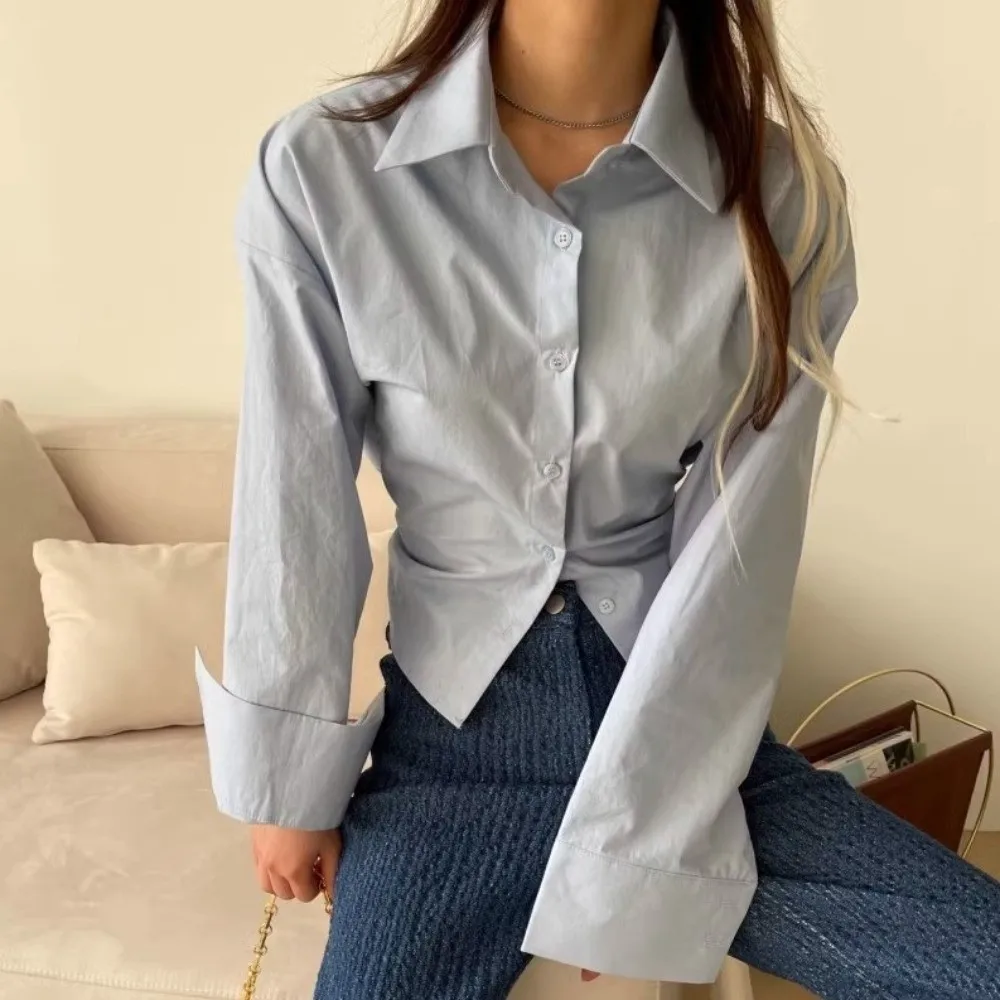 

Short Women Belt Tied Blouse Shirt Back Korean Y2K Style Long Sleeve Shirts Streetwear Blue Belt Tied Slim Shirts Women