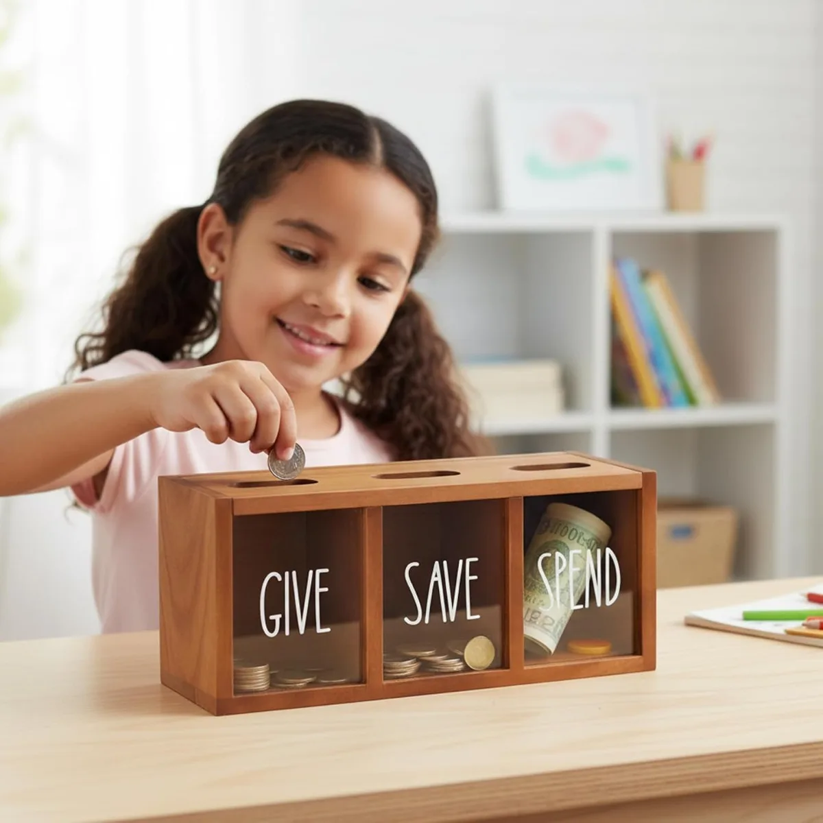 Money Saving Box Wooden Piggy Bank Acrylic Transparent Coin Holder Budget Challenge Organizer