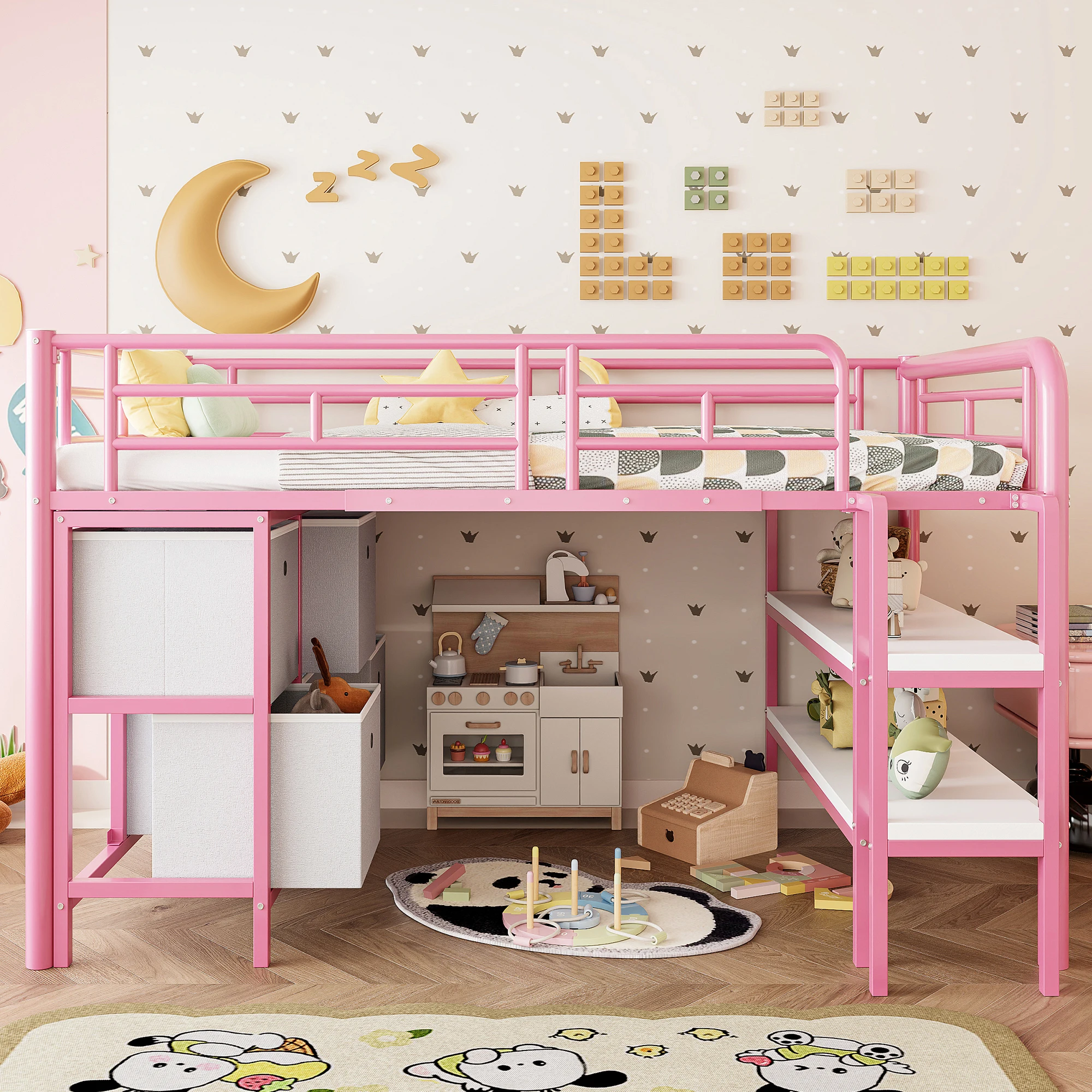 KOMHTOM  Metallhochbett für Kinder 90x200 cm mit breiter Treppe abgerundeten Ecken Stauraum Schubladen und Regalen